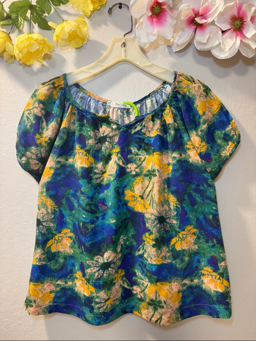 Printed Short-Sleeve Peasant Blouse in Blue, Green & Yellow